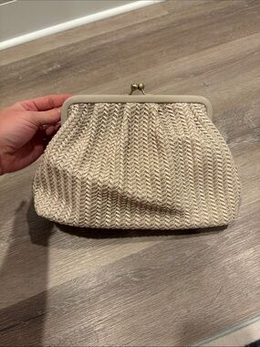 Neutral Woven Frame Clutch with Kiss-Lock Closure